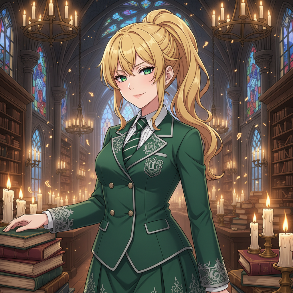 Malfoid with a golden ponytail smirking in a library