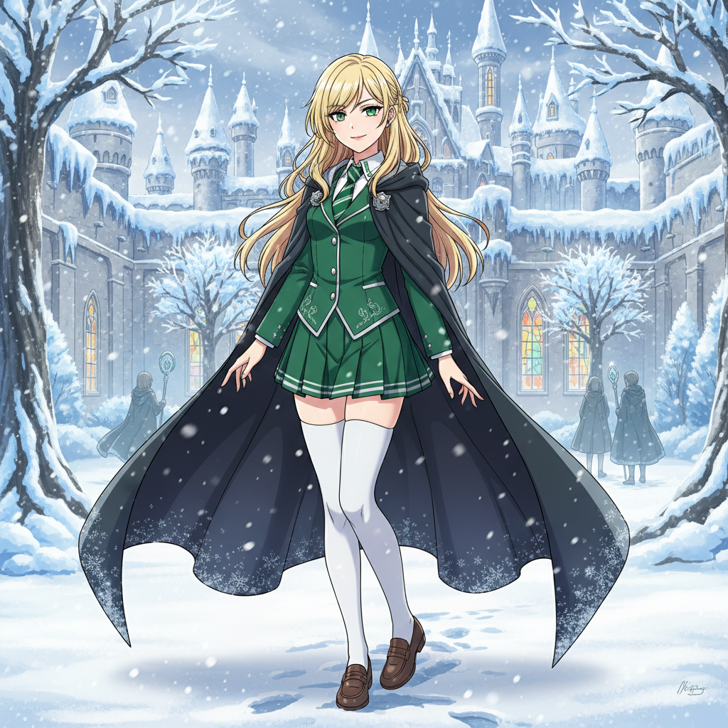 Malfoid in a dark cloak in a snowy courtyard