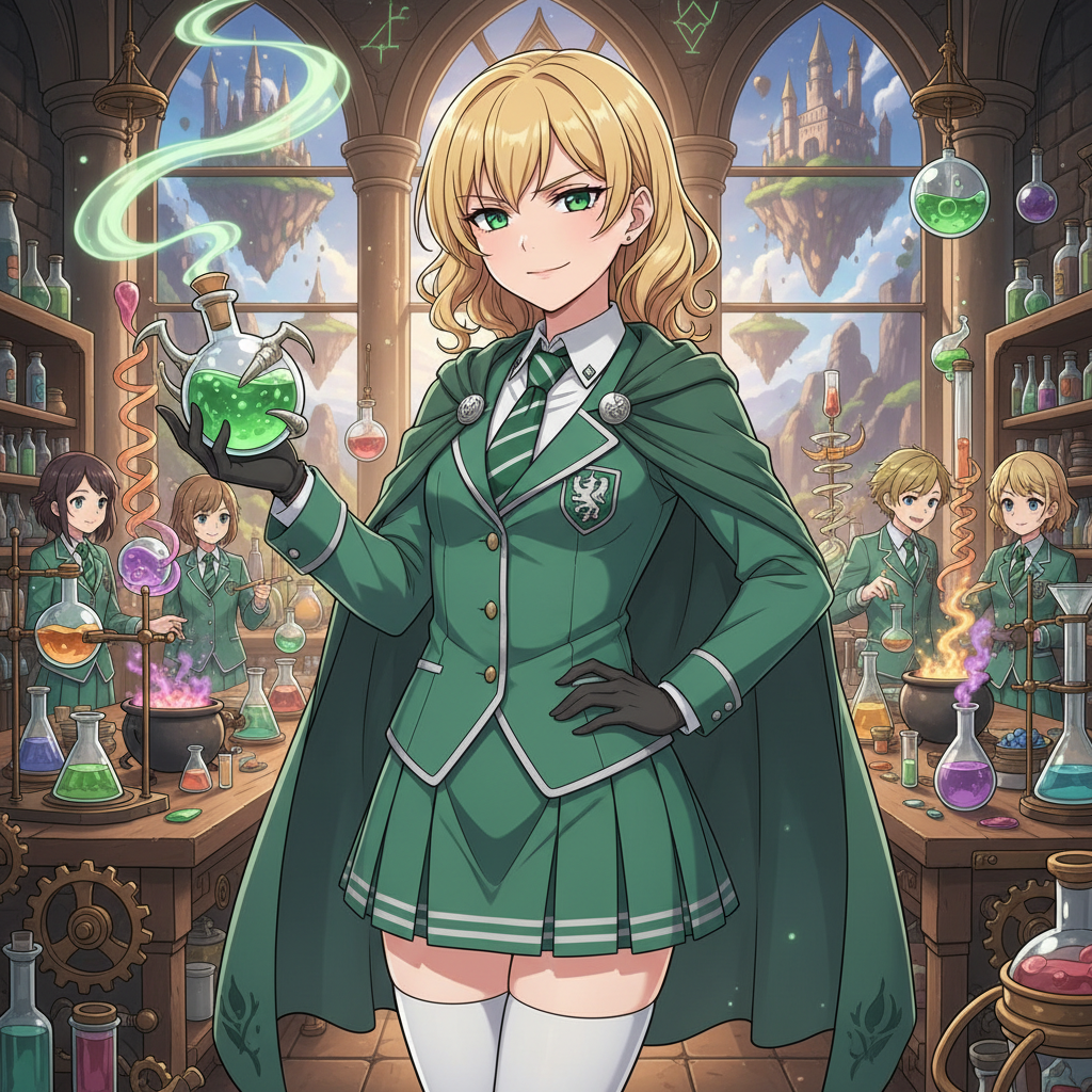Malfoid holding a potion bottle in an alchemy classroom