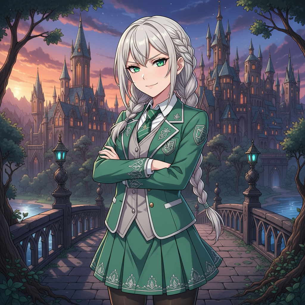 Malfoid with silver braids on a gothic bridge at dusk